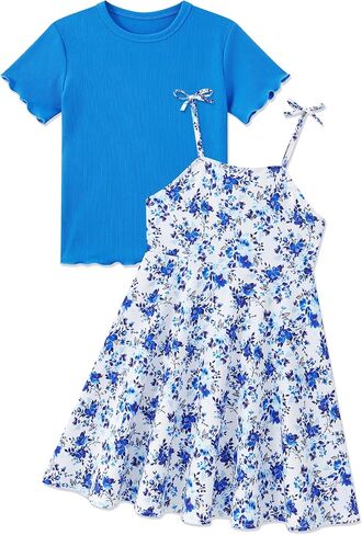 Kids4ever Girl Dress Strap Sleeveless Dresses with Short Sleeve Shirt Girls 2Pcs Clothes for 5-9Y in Saudi Arabia