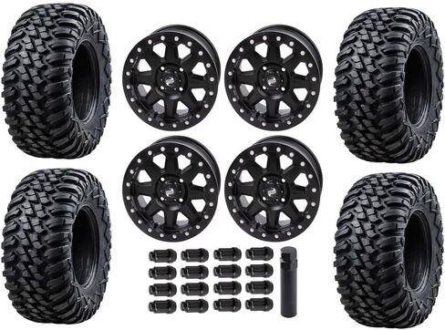 Tusk Set of 32x10-14 TERRABITE Heavy Duty 8-Ply Radial UTV Tires mounted on CASCADE Wheels - Compatible with POLARIS applications - 4/156 bolt pattern - Includes Lug Nuts (4+3 Offset, Matte Black) in Saudi Arabia