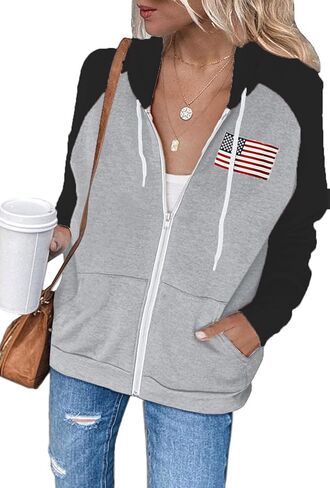 Dressmine Womens Zip Up Hoodie Oversized Usa Sweatshirt Pattern Long Sleeve American Flag Jacket Casual Patriotic Hoodies in Saudi Arabia