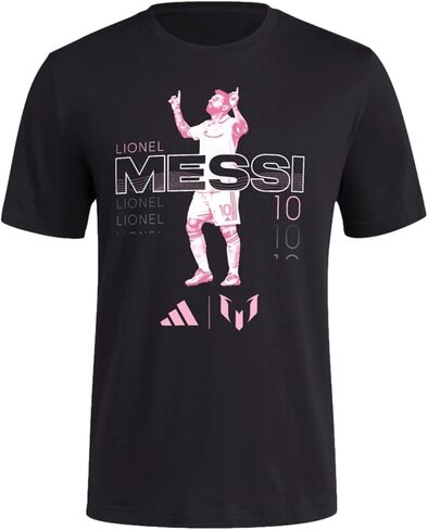 تيشيرت كرة القدم ميسي للرجال من adidas - رسم بنمط قديم، ألوان مستوحاة من كلاسيكيات إنتر ميامي، خامة قطن 100% (الولايات المتحدة، ألفا، X-Large، عادي، عادي، أسود) in Saudi Arabia