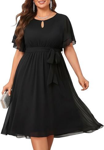 Pinup Fashion مقاس كبير فساتين شيفون ملفوفة بفتحة رقبة على شكل ثقب المفتاح للنساء لحفلات الزفاف وحفلات الكوكتيل شبه رسمية فستان متوسط ​​الطول in Kuwait