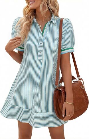 Wenrine Womens Summer Striped Mini Dresses Puff Short Sleeve Loose Fit Casual Button Collared Shirt Dress with Pockets in Saudi Arabia