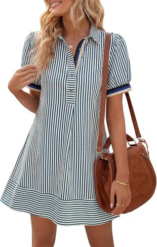 Wenrine Womens Summer Striped Mini Dresses Puff Short Sleeve Loose Fit Casual Button Collared Shirt Dress with Pockets in Saudi Arabia