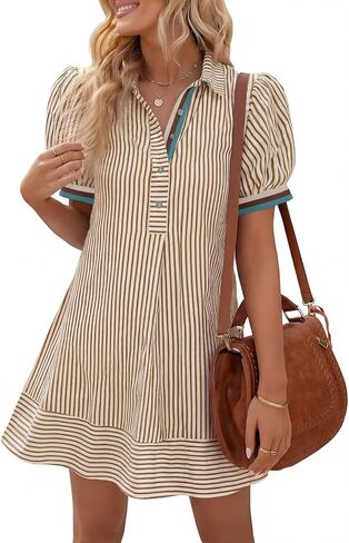 Wenrine Womens Summer Striped Mini Dresses Puff Short Sleeve Loose Fit Casual Button Collared Shirt Dress with Pockets in Saudi Arabia