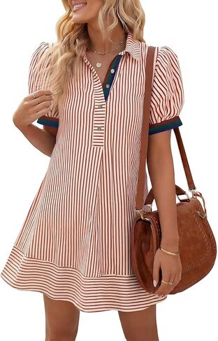Wenrine Womens Summer Striped Mini Dresses Puff Short Sleeve Loose Fit Casual Button Collared Shirt Dress with Pockets in Saudi Arabia