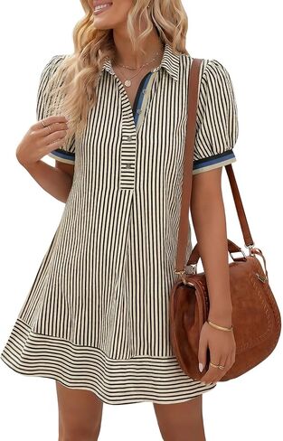 Wenrine Womens Summer Striped Mini Dresses Puff Short Sleeve Loose Fit Casual Button Collared Shirt Dress with Pockets in Saudi Arabia