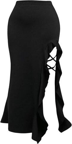 OYOANGLE Women's Plus Size High Slit Ruffle Bodycon Skirt Elastic High Waist Lace Up Flared Long Skirts in Saudi Arabia