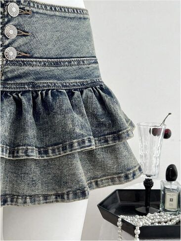 Floerns Women's Y2k Layered Ruffle Jean Skirt Button Coquette Denim Mini Skirt in Saudi Arabia