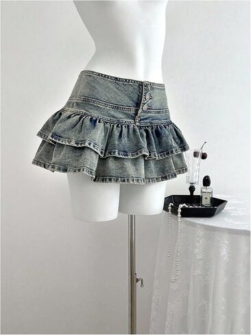 Floerns Women's Y2k Layered Ruffle Jean Skirt Button Coquette Denim Mini Skirt in Saudi Arabia