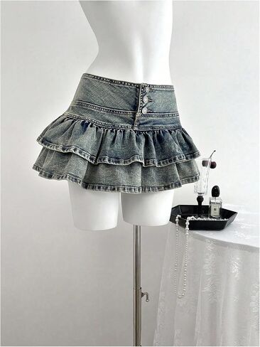 Floerns Women's Y2k Layered Ruffle Jean Skirt Button Coquette Denim Mini Skirt in Saudi Arabia