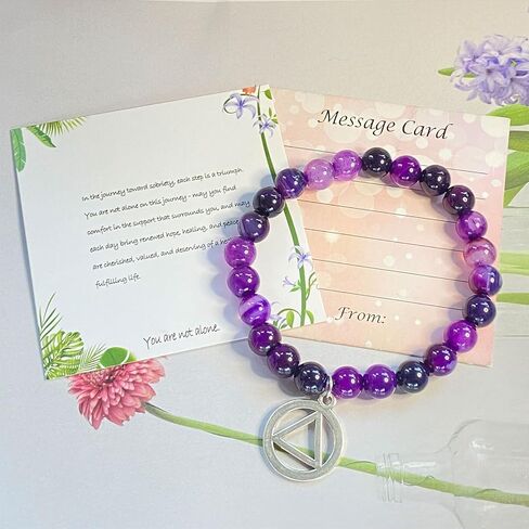 Sobriety Gifts for Women Addiction Recovery Bracelets Amethyst Healing Bracelet with AA Alcoholics Anonymous Circle Triangle Charm New Beginnings Inspirational Gift in Kuwait