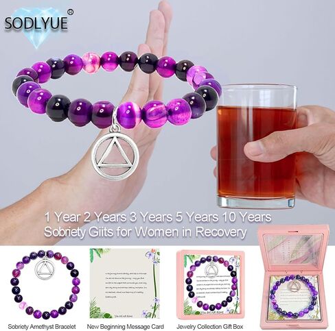 Sobriety Gifts for Women Addiction Recovery Bracelets Amethyst Healing Bracelet with AA Alcoholics Anonymous Circle Triangle Charm New Beginnings Inspirational Gift in Kuwait