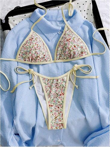 Women's 2 Piece Bikini Sets Floral Print Halter Bras and Tie Side Thongs Beach Outfits Swimwear in Saudi Arabia