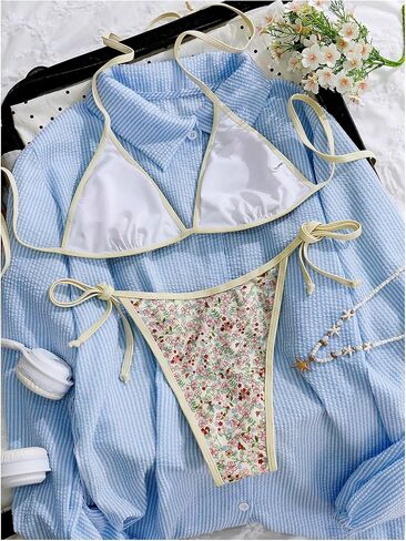 Women's 2 Piece Bikini Sets Floral Print Halter Bras and Tie Side Thongs Beach Outfits Swimwear in Saudi Arabia