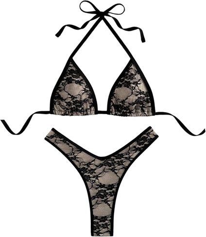 OYOANGLE Women's 2 Piece Swimsuits Floral Lace Mesh Triangle Halter String Bathing Suit Brazilian Thong Bikini Set in Saudi Arabia