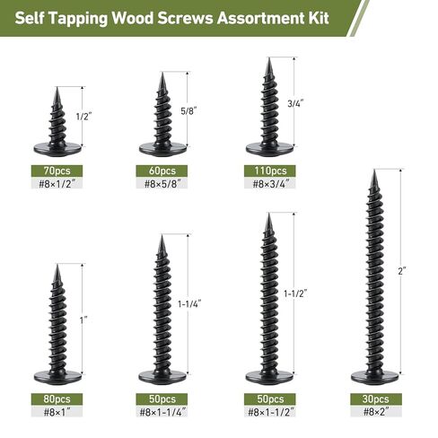 Black Wood Screws Phillips Modified Truss Head Assortment Kit 450PCS, Stainless Steel 410 Quick Self Tapping Screws for Wood Metal, #8 x 1/2",5/8",3/4",1",1-1/4",1-1/2",2" in Kuwait