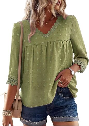 GaoCold 3/4 Length Sleeve Womens Tops Lace V Neck Chiffon Blouses Dressy Swiss Dot Work Shirts Summer Beach Vacation Outfits in Saudi Arabia