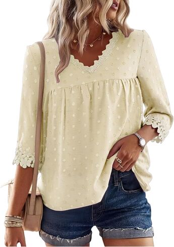 GaoCold 3/4 كم طويل بلوزات نسائية دانتيل رقبة على شكل V بلوزات شيفون أنيقة سويسرية منقط قمصان عمل ملابس صيفية لقضاء العطلات على الشاطئ in Kuwait