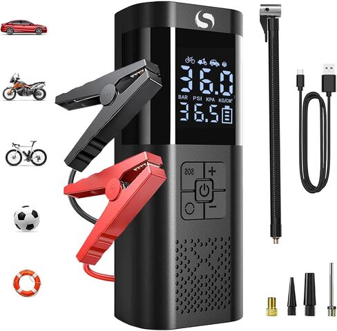 جهاز تشغيل القفز مع ضاغط هواء، بطارية ذروة 6000 أمبير محمولة للسيارات والدراجات النارية، صندوق القفز 150 رطل لكل بوصة مربعة 14.8 فولت مع كابلات توصيل، ضاغط هواء، مصابيح LED، شاشة LCD in Kuwait