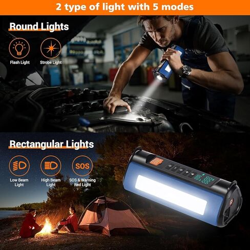 جهاز تشغيل القفز المحمول مع ضاغط هواء، حزمة بطارية 1000 أمبير (جميع الغازات/5.0 لتر ديزل) منفاخ إطارات رقمي بقوة 150 رطل لكل بوصة مربعة، بطارية سيارة صندوق القفز للسيارة 12 فولت مع شاشة LCD، نوعان من الأضواء in Kuwait