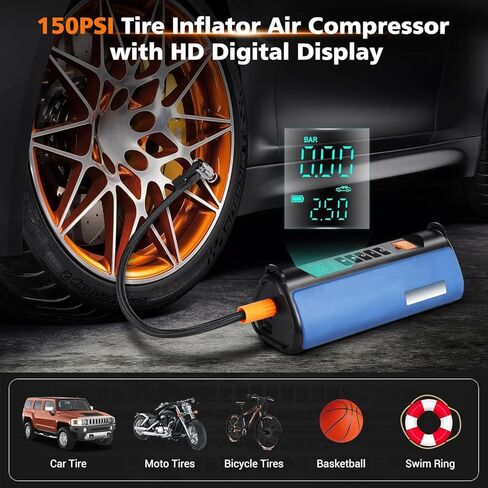 جهاز تشغيل القفز المحمول مع ضاغط هواء، حزمة بطارية 1000 أمبير (جميع الغازات/5.0 لتر ديزل) منفاخ إطارات رقمي بقوة 150 رطل لكل بوصة مربعة، بطارية سيارة صندوق القفز للسيارة 12 فولت مع شاشة LCD، نوعان من الأضواء in Kuwait