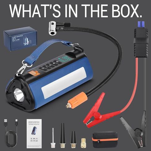 جهاز تشغيل القفز المحمول مع ضاغط هواء، حزمة بطارية 1000 أمبير (جميع الغازات/5.0 لتر ديزل) منفاخ إطارات رقمي بقوة 150 رطل لكل بوصة مربعة، بطارية سيارة صندوق القفز للسيارة 12 فولت مع شاشة LCD، نوعان من الأضواء in Kuwait