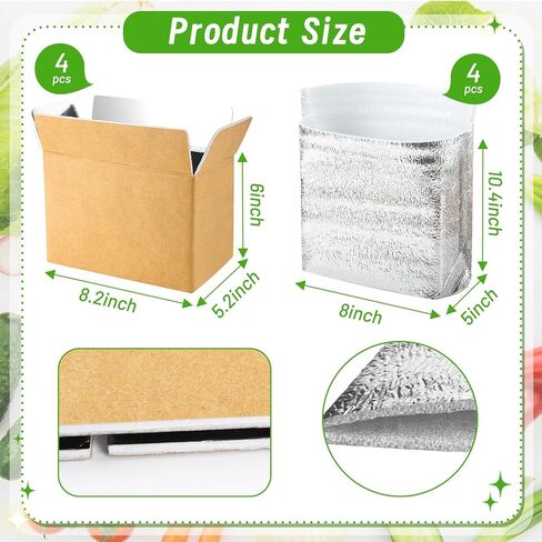 4 عبوات من صناديق الشحن المعزولة من كونفيفيوم مع أكياس بطانة من رقائق معدنية، علب بريد حرارية قابلة لإعادة الاستخدام لشحن العبوات الباردة، توصيل الأطعمة الساخنة والمجمدة، 8''x5''x6'' in Kuwait