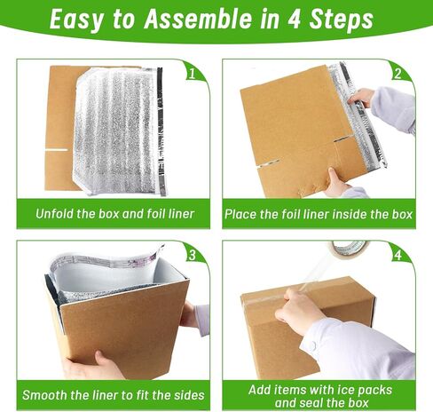 4 عبوات من صناديق الشحن المعزولة من كونفيفيوم مع أكياس بطانة من رقائق معدنية، علب بريد حرارية قابلة لإعادة الاستخدام لشحن العبوات الباردة، توصيل الأطعمة الساخنة والمجمدة، 8''x5''x6'' in Kuwait