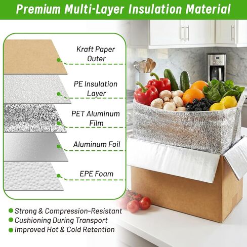 4 عبوات من صناديق الشحن المعزولة من كونفيفيوم مع أكياس بطانة من رقائق معدنية، علب بريد حرارية قابلة لإعادة الاستخدام لشحن العبوات الباردة، توصيل الأطعمة الساخنة والمجمدة، 8''x5''x6'' in Kuwait