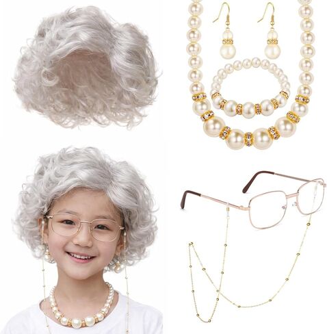 Old Lady Costume Set for Women – Grandma Wig with Glasses – Granny Cosplay, Halloween, 100 Days of School in Saudi Arabia