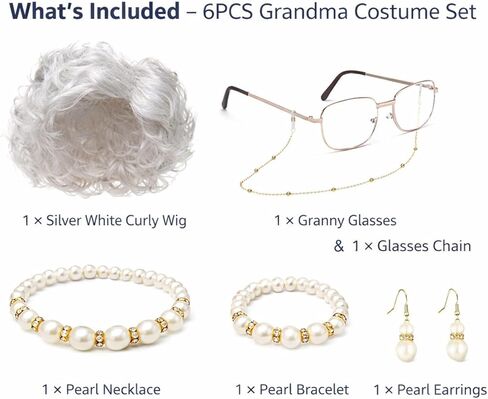 Old Lady Costume Set for Women – Grandma Wig with Glasses – Granny Cosplay, Halloween, 100 Days of School in Saudi Arabia