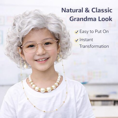 Old Lady Costume Set for Women – Grandma Wig with Glasses – Granny Cosplay, Halloween, 100 Days of School in Saudi Arabia