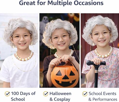 Old Lady Costume Set for Women – Grandma Wig with Glasses – Granny Cosplay, Halloween, 100 Days of School in Saudi Arabia