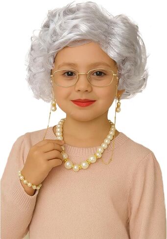 Old Lady Costume Set for Women – Grandma Wig with Glasses – Granny Cosplay, Halloween, 100 Days of School in Saudi Arabia