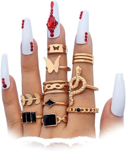GIGB PBDK 14K Gold Statement Ring Set, Retro Evil Eye Leaf Enamel Hollowed Chain Knuckle Joint Rings, Bohemian Stackable Jewelry Gifts for Women in Saudi Arabia