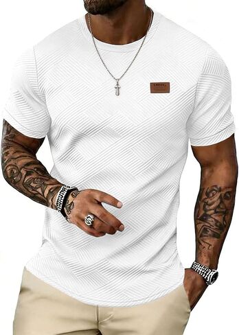 UOUA Men's Crewneck Sweatshirts Soild Color Geometric Texture T Shirts Short Sleeve Casual Pullover Shirt in Kuwait