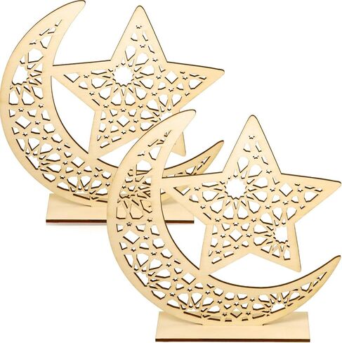 WILLBOND 2 Sets Ramadan Wooden Ornament, Ramadan Mubarak Decorations Eid Mubarak Table Sign Ornament Moon Star Pendant for Home Tree in Saudi Arabia