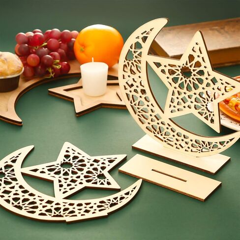 WILLBOND 2 Sets Ramadan Wooden Ornament, Ramadan Mubarak Decorations Eid Mubarak Table Sign Ornament Moon Star Pendant for Home Tree in Saudi Arabia