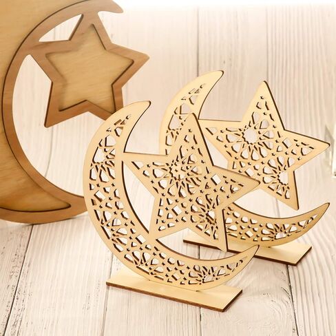 WILLBOND 2 Sets Ramadan Wooden Ornament, Ramadan Mubarak Decorations Eid Mubarak Table Sign Ornament Moon Star Pendant for Home Tree in Saudi Arabia