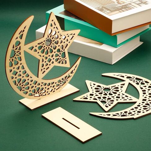 WILLBOND 2 Sets Ramadan Wooden Ornament, Ramadan Mubarak Decorations Eid Mubarak Table Sign Ornament Moon Star Pendant for Home Tree in Saudi Arabia