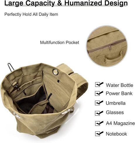FANDARE Canvas Bucket Bag for Women Men Large Capacity Travel Backpack Retro Street Fashion Carryall Backpack Military Green B L in Saudi Arabia