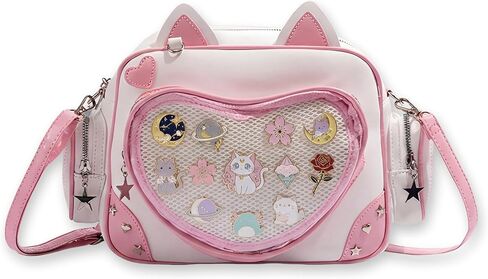 حقيبة ظهر Pink Cat Ita مع إدراج، حقيبة ظهر Kawaii Heart Clear Window Pin Display، حقيبة كتف Ita من جلد البولي يوريثان قابلة للتحويل لمجموعة الرسوم المتحركة in Kuwait