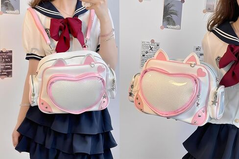 حقيبة ظهر Pink Cat Ita مع إدراج، حقيبة ظهر Kawaii Heart Clear Window Pin Display، حقيبة كتف Ita من جلد البولي يوريثان قابلة للتحويل لمجموعة الرسوم المتحركة in Kuwait