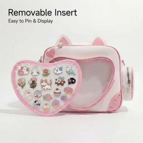 حقيبة ظهر Pink Cat Ita مع إدراج، حقيبة ظهر Kawaii Heart Clear Window Pin Display، حقيبة كتف Ita من جلد البولي يوريثان قابلة للتحويل لمجموعة الرسوم المتحركة in Kuwait