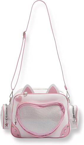 حقيبة ظهر Pink Cat Ita مع إدراج، حقيبة ظهر Kawaii Heart Clear Window Pin Display، حقيبة كتف Ita من جلد البولي يوريثان قابلة للتحويل لمجموعة الرسوم المتحركة in Kuwait