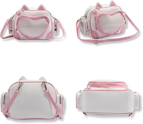 حقيبة ظهر Pink Cat Ita مع إدراج، حقيبة ظهر Kawaii Heart Clear Window Pin Display، حقيبة كتف Ita من جلد البولي يوريثان قابلة للتحويل لمجموعة الرسوم المتحركة in Kuwait