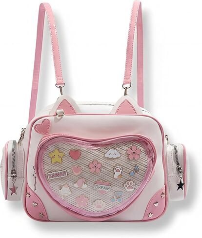 حقيبة ظهر Pink Cat Ita مع إدراج، حقيبة ظهر Kawaii Heart Clear Window Pin Display، حقيبة كتف Ita من جلد البولي يوريثان قابلة للتحويل لمجموعة الرسوم المتحركة in Kuwait