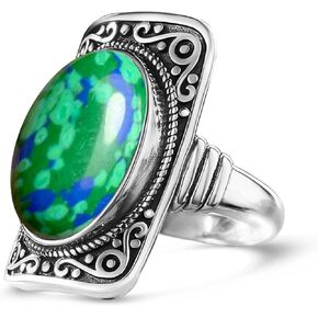 Big Natural Stone Ring,Rectangle Retro Antique Vintage Sterling Silver Genuine Crystal Quartz Gemstone Statement Wide Chunky Boho Bohemian Full Finger Ring for Women in Kuwait