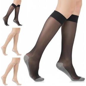 3Pairs Knee High Nylons for Women, Nylon Stockings, Anti-Slip Sheer Knee High Stockings with Reinforced Soles Wide Calf(Black, Nude) in Kuwait