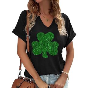 St Patricks Day V Neck Shirts for Women Lucky Irish Shamrock Clover Graphic Shirt Casual Short Sleeve T Shirt Tops in Saudi Arabia
